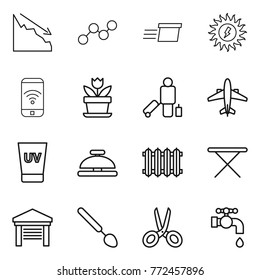 Thin line icon set : crisis, graph, delivery, sun power, phone wireless, flower, passenger, airplane, uv cream, service bell, radiator, iron board, garage, big spoon, scissors, water tap