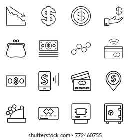 Thin line icon set : crisis, dollar, investment, purse, money, graph, tap to pay, mobile, credit card, pin, cashbox, atm, safe