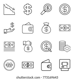 Thin line icon set : crisis, dollar, magnifier, investment, wallet, money bag, gift, arrow, virtual mining, crypto currency, atm