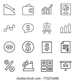 Thin line icon set : crisis, wallet, diagram, annual report, graph, money message, presentation, up, crypto currency, dollar coin, receipt, account balance, percent, cashbox, calculator
