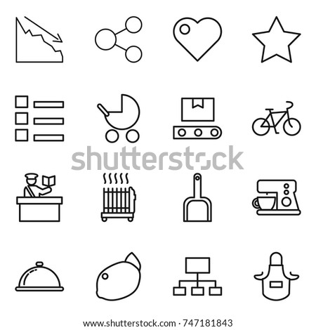 thin line icon set : crisis, share, heart, star, list, baby stroller, transporter tape, bike, inspector, radiator, scoop, coffee maker, meal cap, lemon, hierarchy, apron