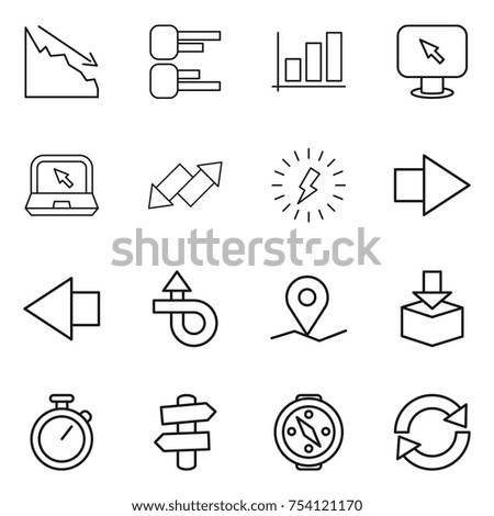 thin line icon set : crisis, diagram, graph, monitor arrow, notebook, up down, lightning, right, left, trip, geo pin, package, stopwatch, signpost, compass, reload