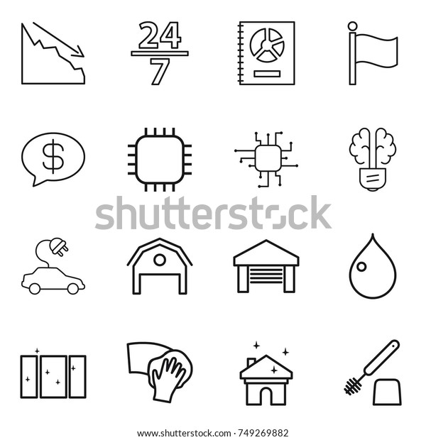 thin line icon set :\
crisis, 24 7, annual report, flag, money message, chip, bulb brain,\
electric car, barn, garage, drop, clean window, wiping, house\
cleaning, toilet brush