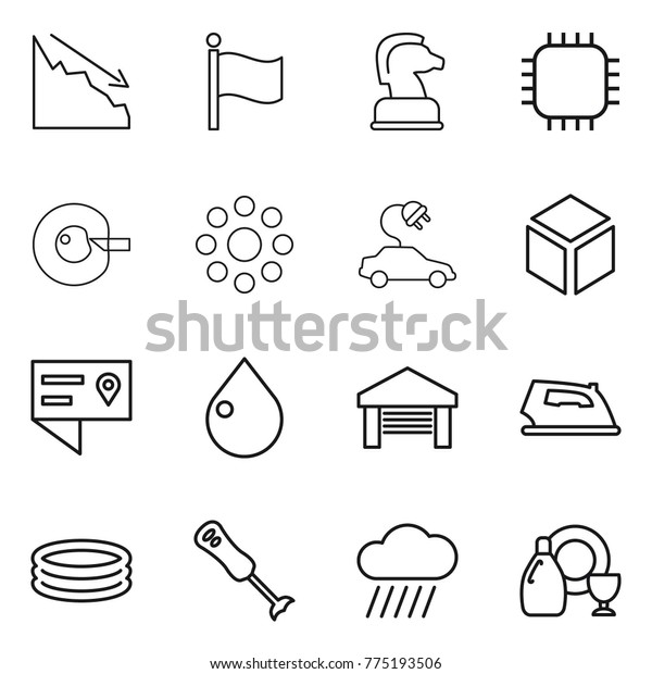 Thin line icon set : crisis, flag, chess horse,\
chip, cell corection, round around, electric car, 3d, location\
details, drop, garage, iron, inflatable pool, blender, rain cloud,\
dish cleanser