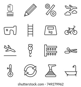 thin line icon set : crystall memory, pencil, percent, journey, slum, stairs, heavy, bike, arrival, handle scales, watering, scissors, thermometer, reload, plunger, bath