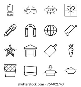 Thin line icon set : crystall memory, smart glasses, ufo, gift, pencil, arch, globe, suitcase, starfish, garage, cutting board, carrot, trash bin, sponge, package, foam basin