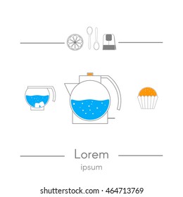 Thin line icon set with cup, kettle, cake, lemon, spoon, teabag
