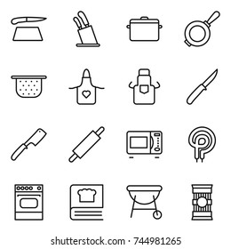 thin line icon set : cutting board, stands for knives, pan, colander, apron, knife, chef, rolling pin, microwave oven, elecric, cooking book, bbq, pasta