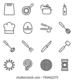 thin line icon set : cutting board, pan, steam, vegetable oil, cook hat, egg timer, garlic clasp, whisk, big fork, knife, meat hammer, gas oven, electric, sieve, pasta