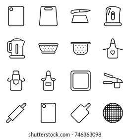 thin line icon set : cutting board, kettle, colander, apron, garlic clasp, rolling pin, sieve
