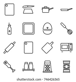 Thin Line Icon Set : Cutting Board, Saute Pan, Vegetable Oil, Egg Timer, Whisk, Rolling Pin, Microwave Oven, Blender, Salt Pepper, Grater, Pasta