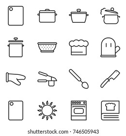 thin line icon set : cutting board, pan, steam, colander, chief hat, cook glove, garlic clasp, big spoon, chef knife, gas oven, cooking book