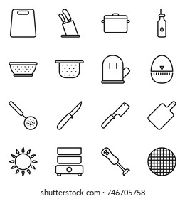 thin line icon set : cutting board, stands for knives, pan, vegetable oil, colander, cook glove, egg timer, skimmer, knife, chef, gas oven, double boiler, blender, sieve