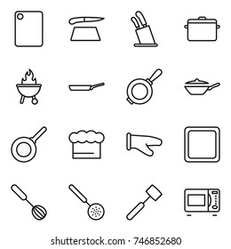 thin line icon set : cutting board, stands for knives, pan, bbq, chief hat, cook glove, whisk, skimmer, meat hammer, microwave oven