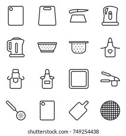 thin line icon set : cutting board, kettle, colander, apron, garlic clasp, skimmer, sieve