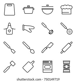 thin line icon set : cutting board, pan, cauldron, chief hat, apron, cook glove, whisk, skimmer, spatula, big spoon, chef knife, rolling pin, meat hammer, oven, pasta
