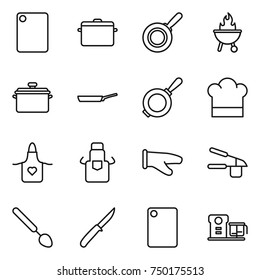 thin line icon set : cutting board, pan, bbq, cook hat, apron, glove, garlic clasp, big spoon, knife, food processor