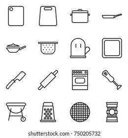 thin line icon set : cutting board, pan, colander, cook glove, chef knife, rolling pin, oven, blender, bbq, grater, sieve, pasta