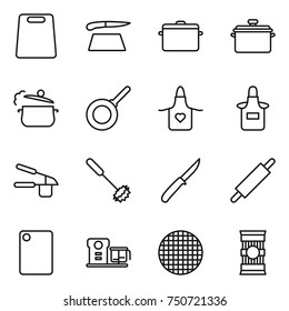 thin line icon set : cutting board, pan, steam, apron, garlic clasp, whisk, knife, rolling pin, food processor, sieve, pasta