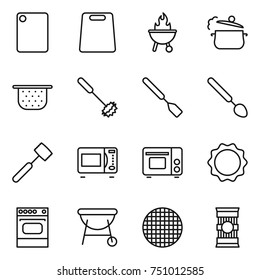 thin line icon set : cutting board, bbq, steam pan, colander, whisk, spatula, big spoon, meat hammer, microwave oven, grill, induction, sieve, pasta