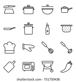 thin line icon set : cutting board, pan, cauldron, saute, vegetable oil, colander, cook hat, glove, whisk, grill oven, bbq, hot pepper