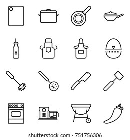 Thin Line Icon Set : Cutting Board, Pan, Vegetable Oil, Apron, Egg Timer, Whisk, Skimmer, Chef Knife, Meat Hammer, Oven, Food Processor, Bbq, Hot Pepper