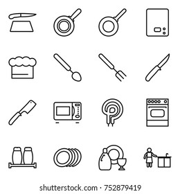 thin line icon set : cutting board, pan, kitchen scales, chief hat, big spoon, fork, knife, chef, microwave oven, elecric, salt pepper, plates, dish cleanser, cleaning