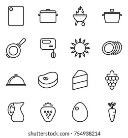 thin line icon set : cutting board, pan, bbq, mixer, gas oven, plates, meal cap, steake, cake, grape, jug, strawberry, egg, carrot