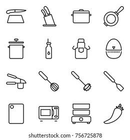 Thin Line Icon Set : Cutting Board, Stands For Knives, Pan, Vegetable Oil, Apron, Egg Timer, Garlic Clasp, Whisk, Spatula, Microwave Oven, Double Boiler, Hot Pepper