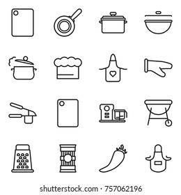 Thin line icon set : cutting board, pan, cauldron, steam, chief hat, apron, cook glove, garlic clasp, food processor, bbq, grater, pasta, hot pepper