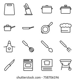 Thin line icon set : cutting board, stands for knives, pan, saute, chief hat, apron, whisk, big spoon, fork, knife, oven, cooking book, bbq