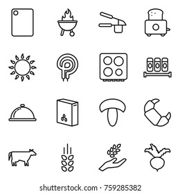 Thin line icon set : cutting board, bbq, garlic clasp, toaster, gas oven, elecric, hob, spices, meal cap, cereals, mushroom, croissant, cow, spikelets, harvest, beet
