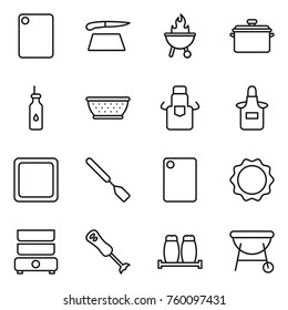 Thin line icon set : cutting board, bbq, pan, vegetable oil, colander, apron, spatula, induction oven, double boiler, blender, salt pepper