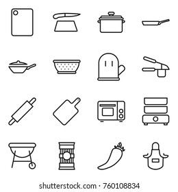 Thin line icon set : cutting board, pan, colander, cook glove, garlic clasp, rolling pin, grill oven, double boiler, bbq, pasta, hot pepper, apron