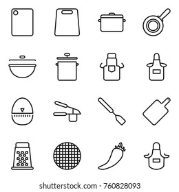 Thin line icon set : cutting board, pan, cauldron, apron, egg timer, garlic clasp, spatula, grater, sieve, hot pepper
