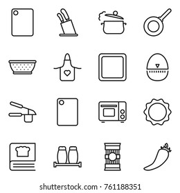 Thin line icon set : cutting board, stands for knives, steam pan, colander, apron, egg timer, garlic clasp, grill oven, induction, cooking book, salt pepper, pasta, hot