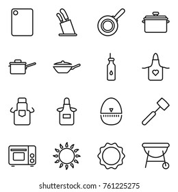 Thin Line Icon Set : Cutting Board, Stands For Knives, Pan, Saute, Vegetable Oil, Apron, Egg Timer, Meat Hammer, Grill Oven, Gas, Induction, Bbq