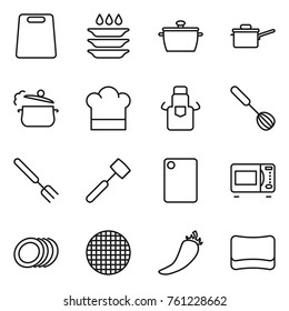 Thin line icon set : cutting board, plate washing, pan, saute, steam, cook hat, apron, whisk, big fork, meat hammer, microwave oven, plates, sieve, hot pepper, sponge