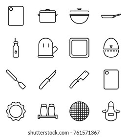 Thin Line Icon Set : Cutting Board, Pan, Cauldron, Vegetable Oil, Cook Glove, Egg Timer, Spatula, Knife, Chef, Induction Oven, Salt Pepper, Sieve, Apron