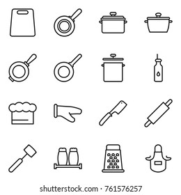 Thin line icon set : cutting board, pan, vegetable oil, chief hat, cook glove, chef knife, rolling pin, meat hammer, salt pepper, grater, apron