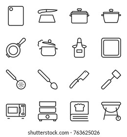 Thin line icon set : cutting board, pan, steam, apron, skimmer, big spoon, chef knife, meat hammer, microwave oven, double boiler, cooking book, bbq