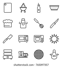 Thin line icon set : cutting board, bbq, vegetable oil, colander, chief hat, apron, whisk, knife, chef, microwave oven, grill, gas, double boiler, food processor, sieve