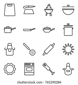 Thin line icon set : cutting board, bbq, cauldron, saute pan, apron, skimmer, rolling pin, gas oven, induction, blender