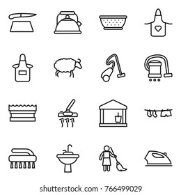 Thin line icon set : cutting board, kettle, colander, apron, sheep, vacuum cleaner, sponge, utility room, drying clothe, brush, water tap sink, brooming, iron