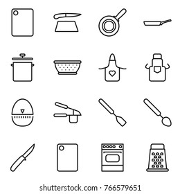 Thin line icon set : cutting board, pan, colander, apron, egg timer, garlic clasp, spatula, big spoon, knife, oven, grater