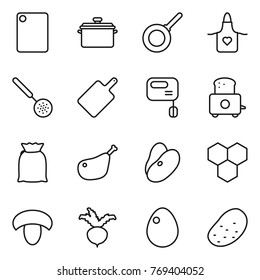 Thin line icon set : cutting board, pan, apron, skimmer, mixer, toaster, flour, chicken leg, beans, honeycombs, mushroom, beet, egg, potato