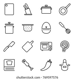Thin line icon set : cutting board, stands for knives, pan, colander, egg timer, whisk, chef knife, grill oven, elecric, cooking book, blender, hot pepper, apron