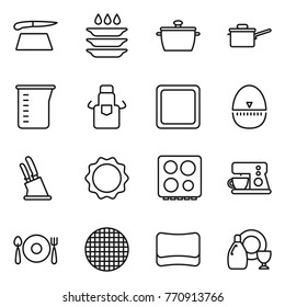 Thin line icon set : cutting board, plate washing, pan, saute, measuring cup, apron, egg timer, knife holder, induction oven, hob, coffee maker, fork spoon, sieve, sponge, dish cleanser