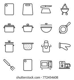 Thin line icon set : cutting board, bbq, pan, cauldron, colander, apron, cook glove, big fork, microwave oven, food processor