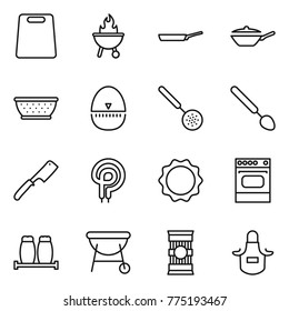 Thin line icon set : cutting board, bbq, pan, colander, egg timer, skimmer, big spoon, chef knife, elecric oven, induction, salt pepper, pasta, apron